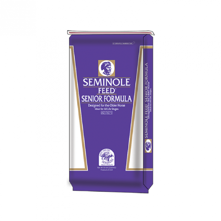 Seminole Feed Senior Formula. Purple 50-lb feed bag.