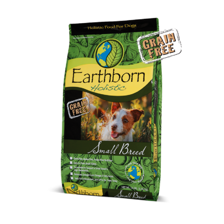 Earthborn Small Breed. Green and yellow dry dog food bag.