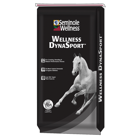 Seminole Wellness Dynasport Horse Feed. Black and gray feed bag.