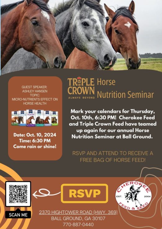 Triple Crown Horse Nutrition Seminar is on Thursday, Oct. 10th.